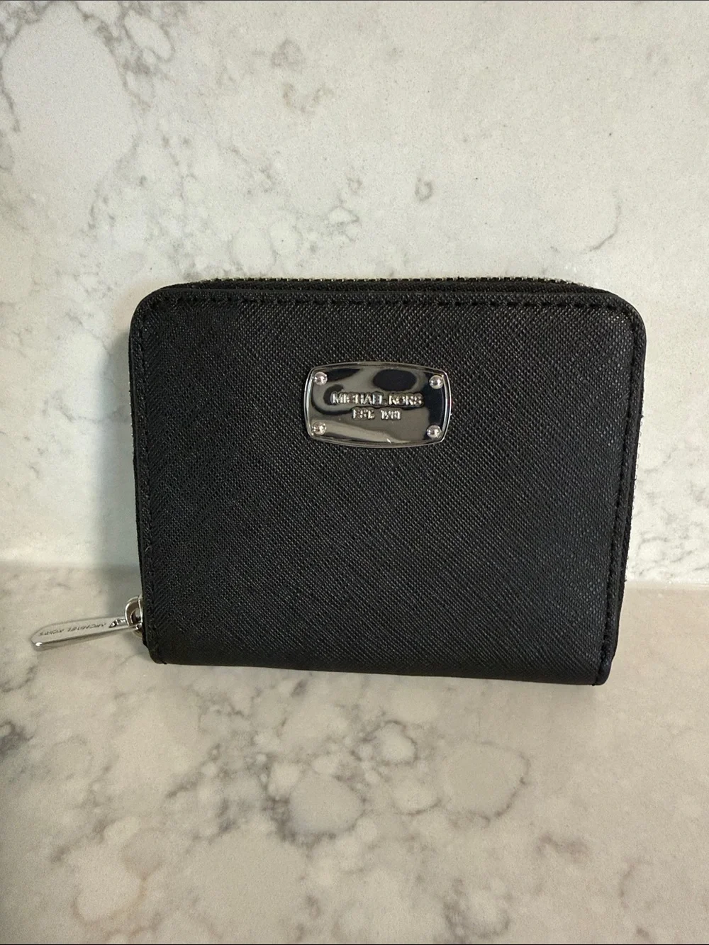 Michael Kors Black Compact Saffiano Zip Card and Bills Wallet- never used